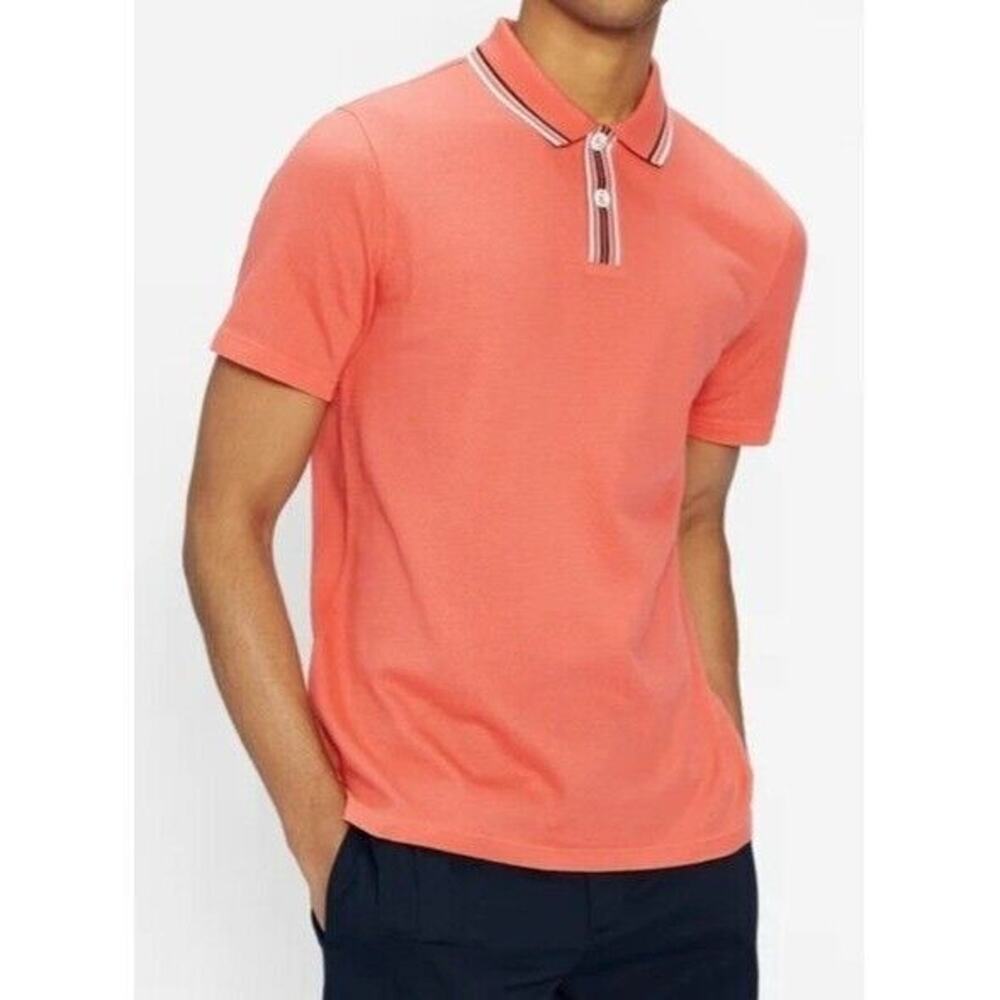 Ted Baker Twitwoo Polo‎ Shirt Men XXL 6 Coral Orange Stripe Collar Preppy Modern